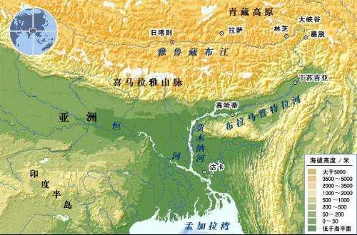 称布拉马普特拉河与恒河在下游汇聚称"贾木纳河,注入印度洋的孟加拉湾