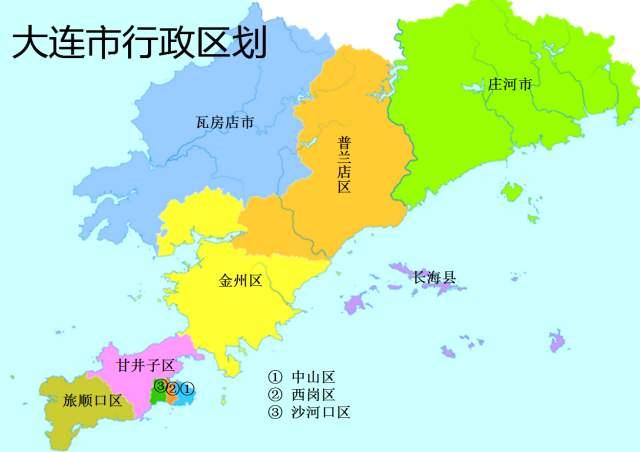 区,沙河口区,甘井子区,旅顺口区,金州区,普兰店区,2县级市为:瓦房店市