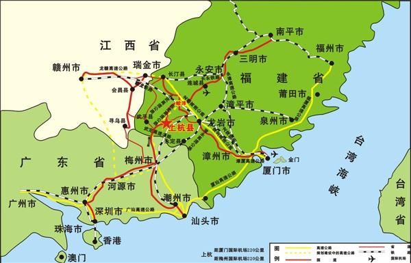 梅州市位于广东省东北部,两市地处闽粤赣三省交界,梅州市东北部与龙岩