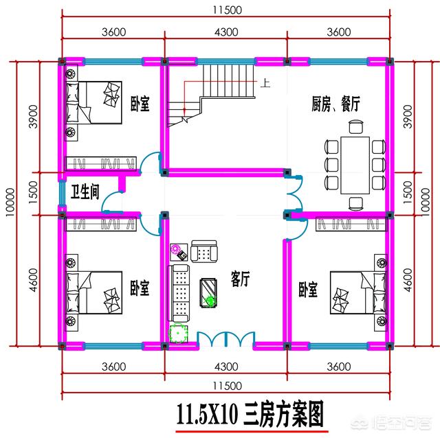 11.5米,深10米,坐北朝南的方向,一楼要三个卧室,一个卫生间加楼梯怎么设计？