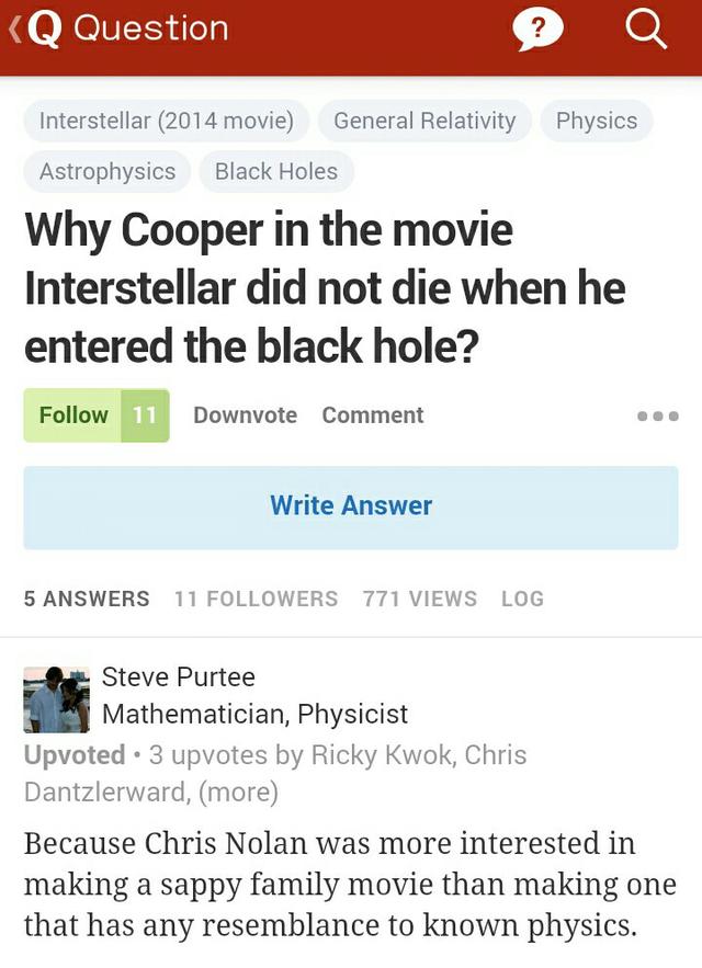 星际穿越中主角掉进黑洞为什么没有死？