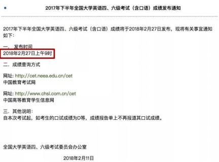 2017年12月份的英语四级成绩查询具体时间是什么时候？