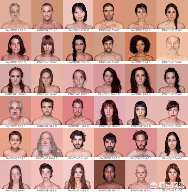 人类肤色对比图(注意:唯一的中国人可能比所有的白人都白,黄色也没有"