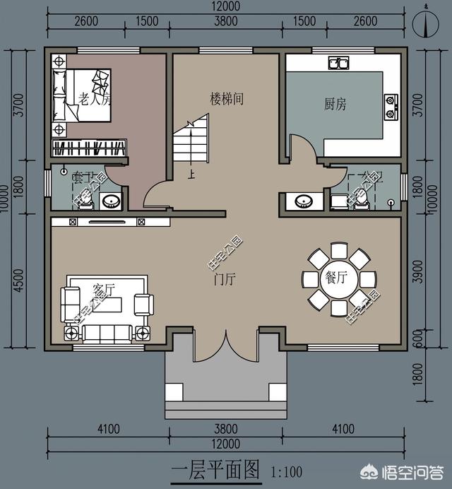开间12米,进深9.6米,两层半平顶,怎么设计?