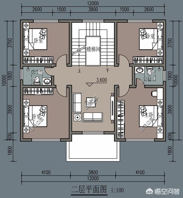 开间12米,进深9.6米,两层半平顶,怎么设计?