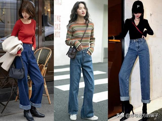 绑带紧身牛仔裤:女生宽牛仔裤怎么搭配衣服？