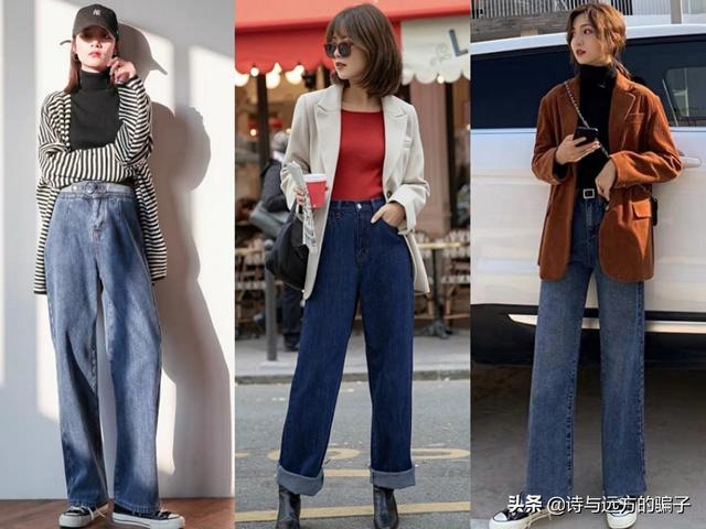 绑带紧身牛仔裤:女生宽牛仔裤怎么搭配衣服？