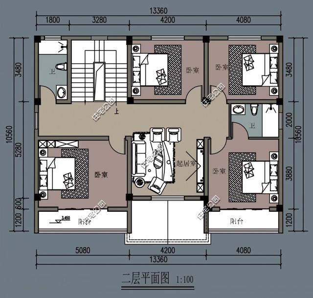 一栋进深九米宽十三米的二层自建房,一层要大堂屋二层要多卧,如何设计