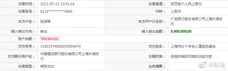 张庭林瑞阳:张庭林瑞阳夫妇这次向河南因强降雨受灾而捐款五百万，你怎么看？