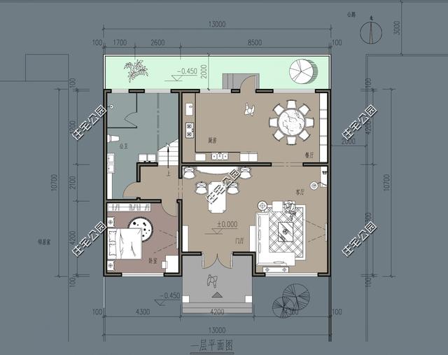 2022年家里有一块宅基地宽10m、长13.5m怎样设计好？要求有堂屋、厨房、餐厅和一个房间？