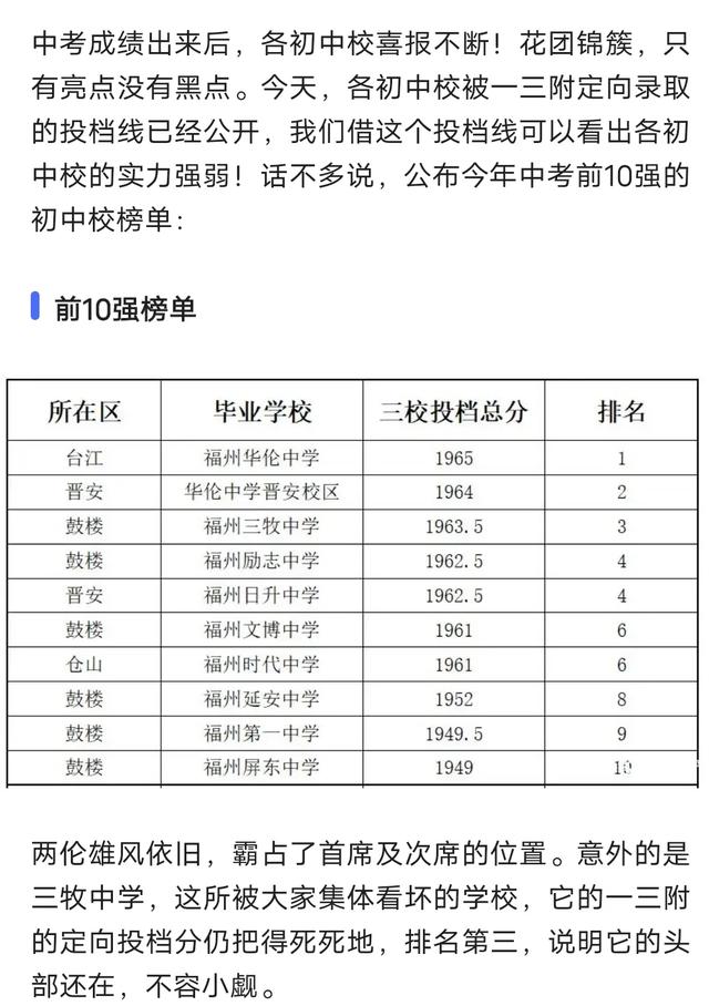 福州中考升学率最高的十所学校是哪些？