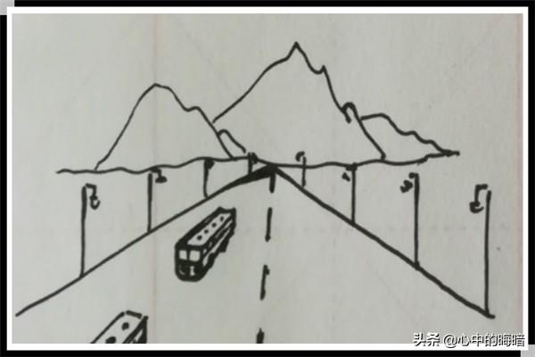 电动汽车简笔画，远山由远及近的公路路灯汽车组合简笔画怎么画？
