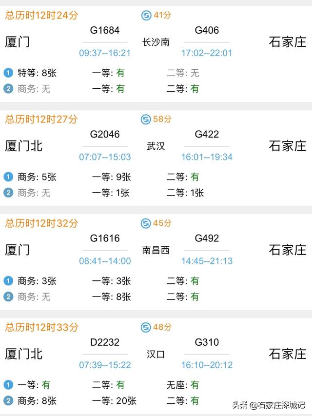 夏门到石家庄动车动多少钱一张？
