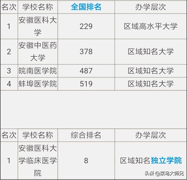 安徽省医药类大学的排名是怎样的？哪所医科大学的水平最高？