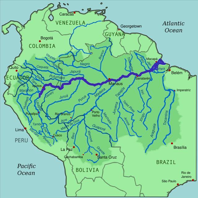 亚马逊河全长6751公里,世界第一大河,横贯巴西西北部,在巴流域面积达