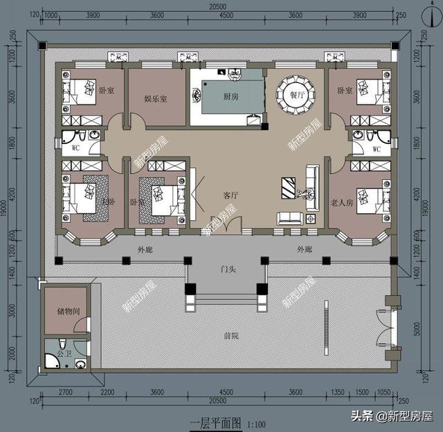 2022年宅基地坐北朝南东西长22米、南北18米，怎么设计一层，留院子？