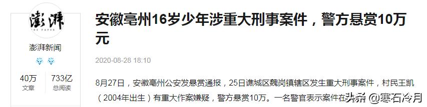 安徽16岁少年涉重大刑事案件在逃,警方为什么悬赏10万缉凶？