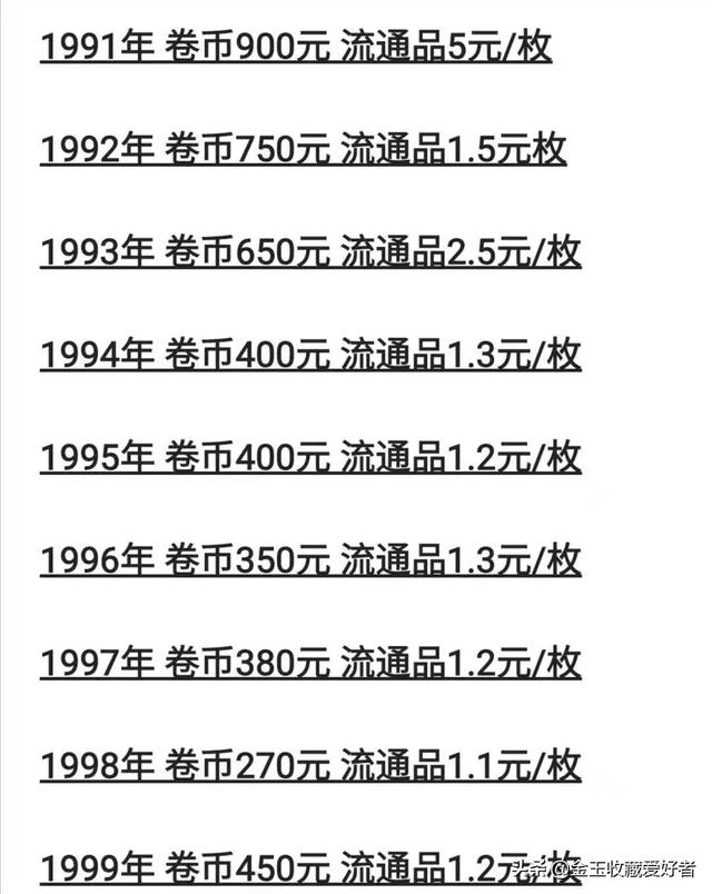 1992年的一元硬币回收价多少，九一年到九九年的国徽一元硬币多少钱一套