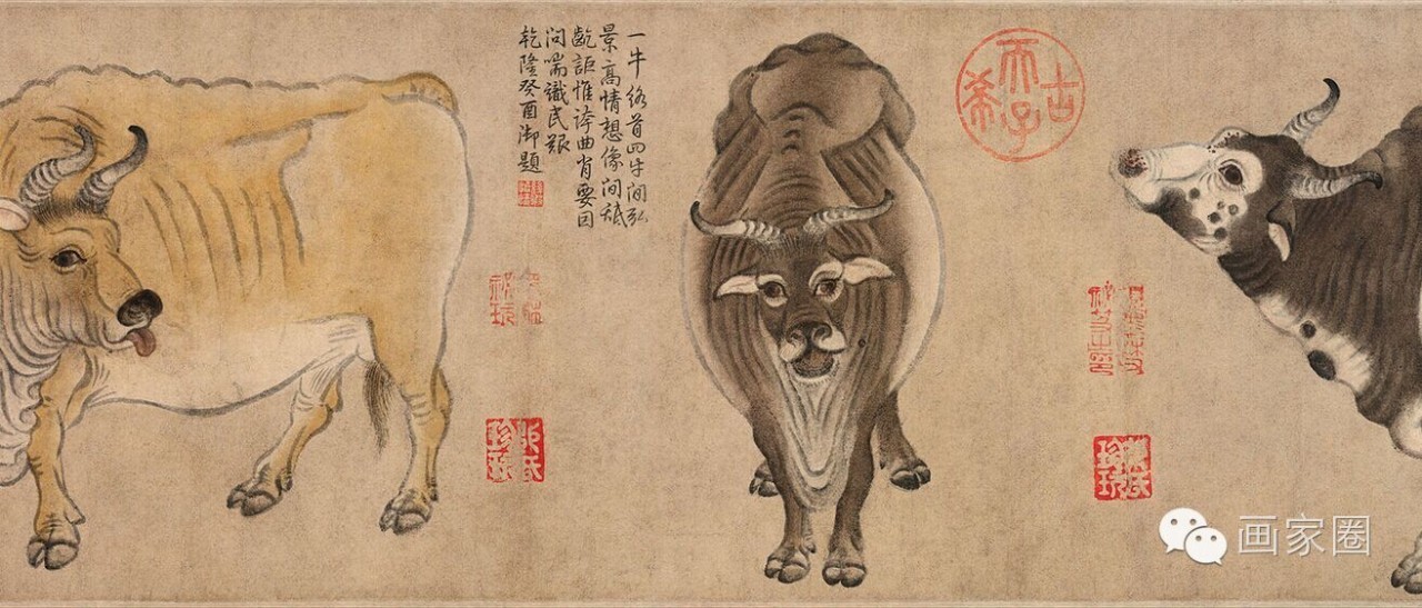 【名称】五牛图【作者】韩滉【年代】唐代【简介】纸本设色,纵20.
