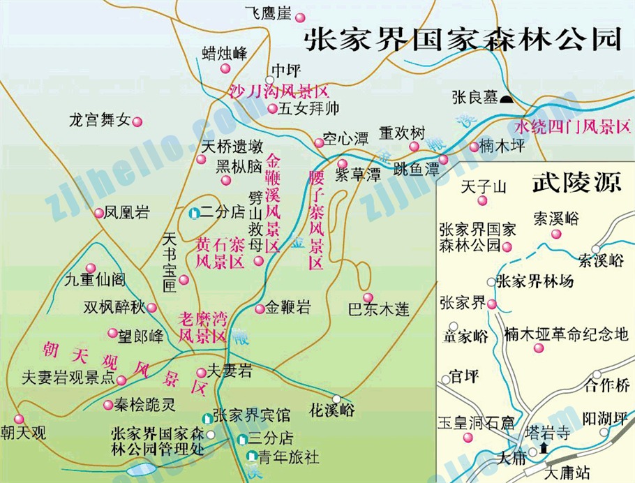 张家界旅游景区地图分布图//路线