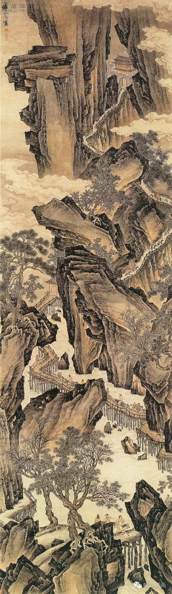 5厘米相比仇英的剑阁图,谢的此画的风格更加硬朗,危崖山石作斧劈皴