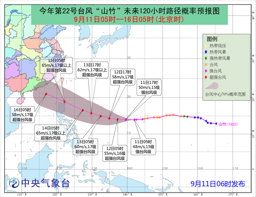 22号台风“山竹”实时路径强度预报，中央气象台11日9时发布