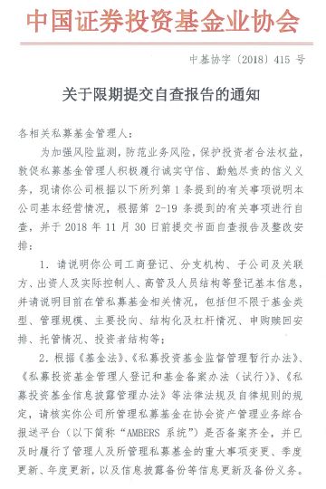 中基协再发私募限期自查通知，涉19大要点