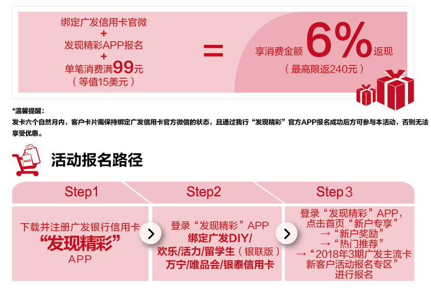 广发新客户专享6%返现 覆盖DIY卡最高返240元