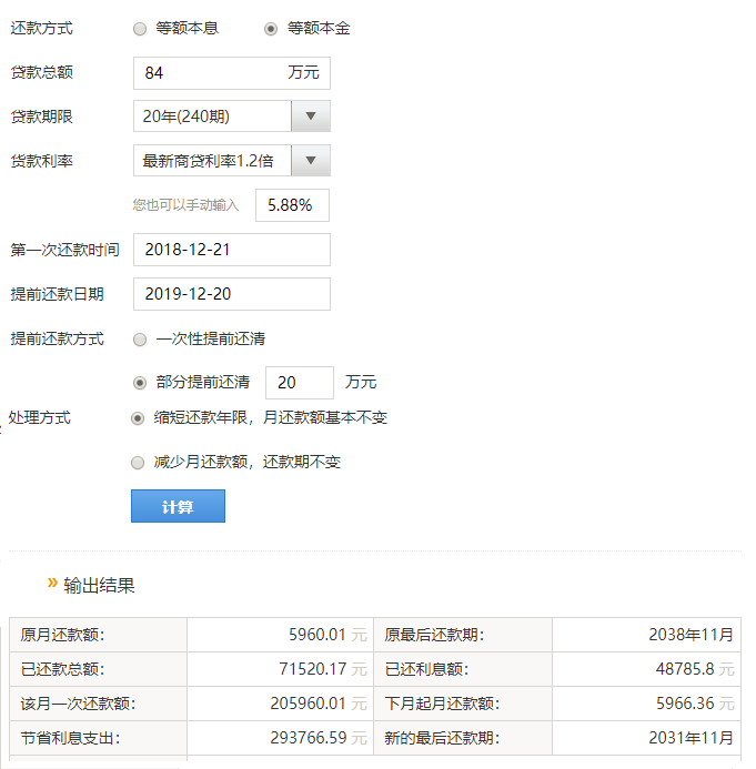 房贷84万，利率5.88%，次年提前还款20万，能节省多少利息支出！